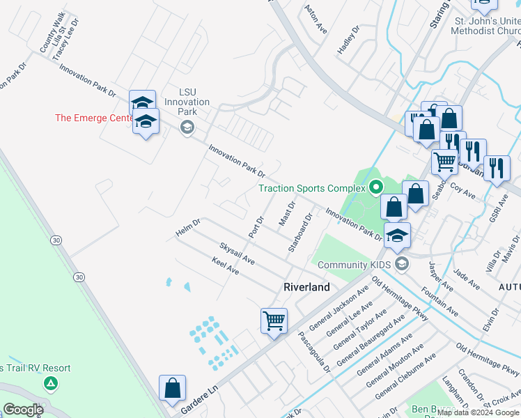 map of restaurants, bars, coffee shops, grocery stores, and more near 1758 Port Drive in Baton Rouge