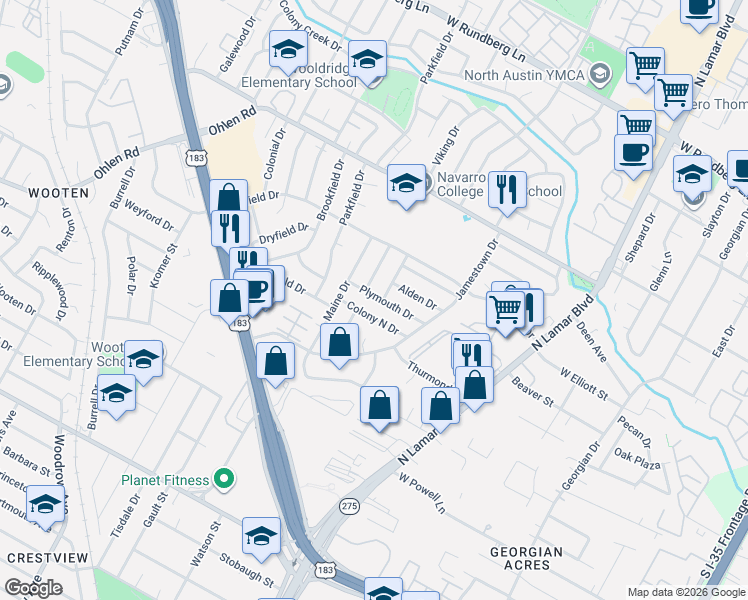 map of restaurants, bars, coffee shops, grocery stores, and more near 1113 Plymouth Drive in Austin