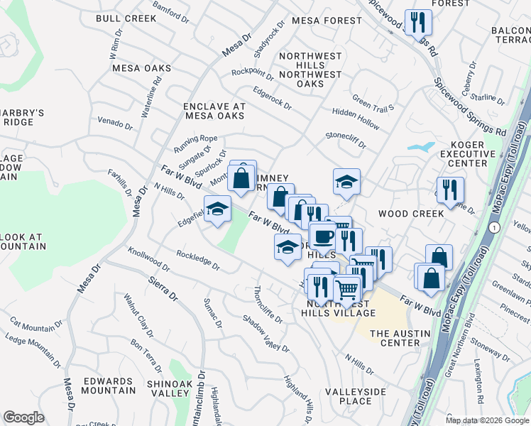 map of restaurants, bars, coffee shops, grocery stores, and more near 3840 Far West Boulevard in Austin
