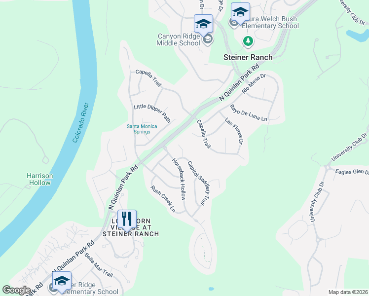 map of restaurants, bars, coffee shops, grocery stores, and more near 1409 Horseback Hollow in Austin