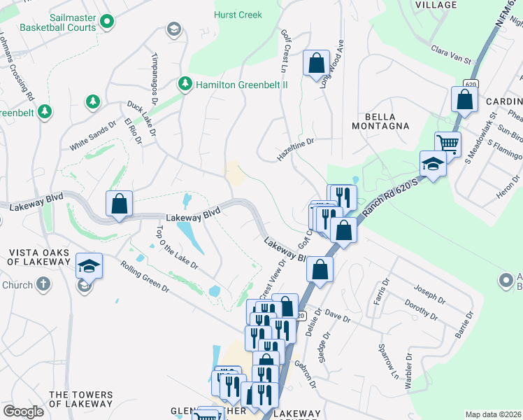 map of restaurants, bars, coffee shops, grocery stores, and more near 1704 Lakeway Boulevard in Lakeway