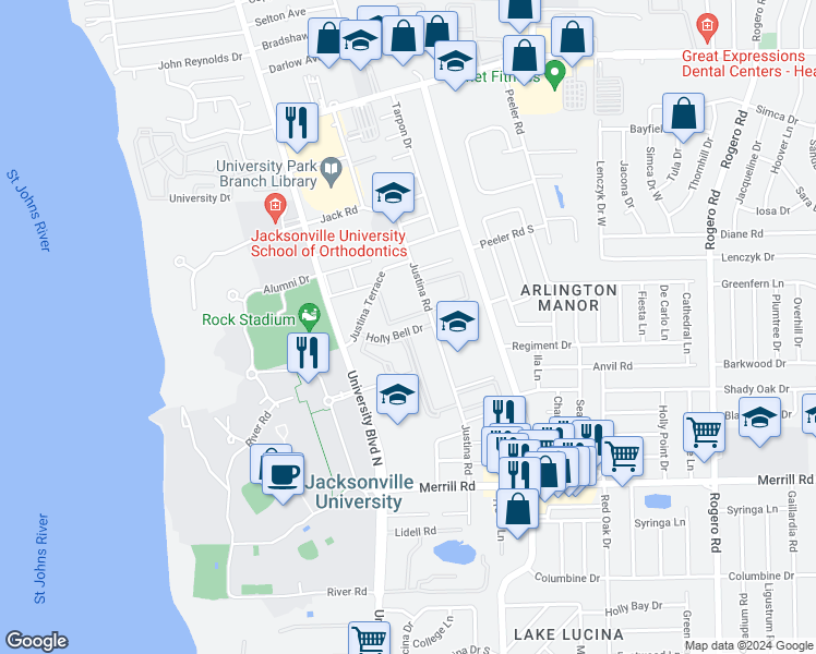 map of restaurants, bars, coffee shops, grocery stores, and more near 5755 Holly Bell Drive in Jacksonville