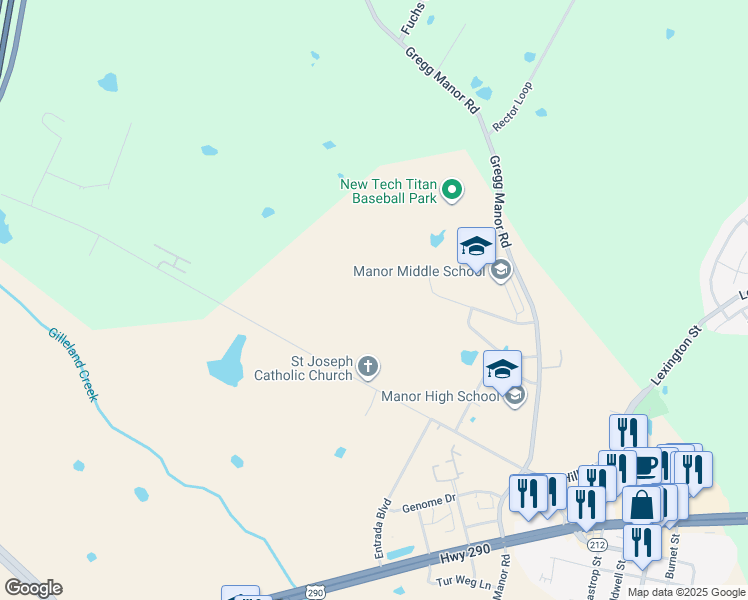 map of restaurants, bars, coffee shops, grocery stores, and more near 9910 Hill Lane in Manor