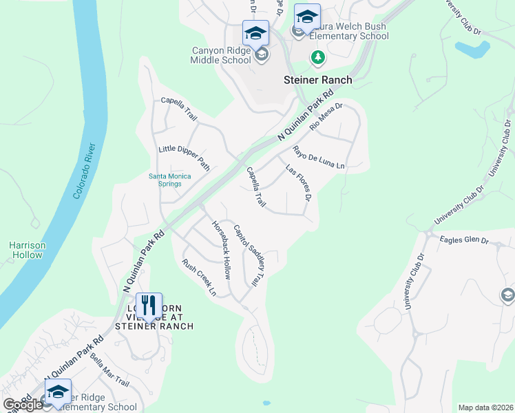 map of restaurants, bars, coffee shops, grocery stores, and more near 12313 Capella Trail in Austin