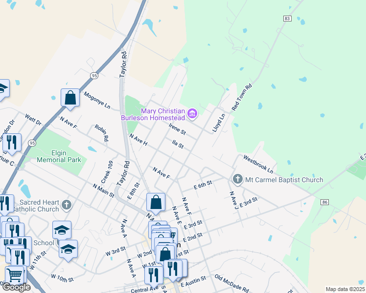 map of restaurants, bars, coffee shops, grocery stores, and more near 109 Ila Street in Elgin