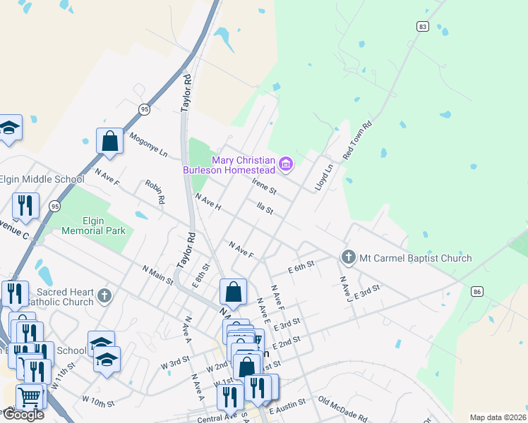 map of restaurants, bars, coffee shops, grocery stores, and more near 109 Ila Street in Elgin