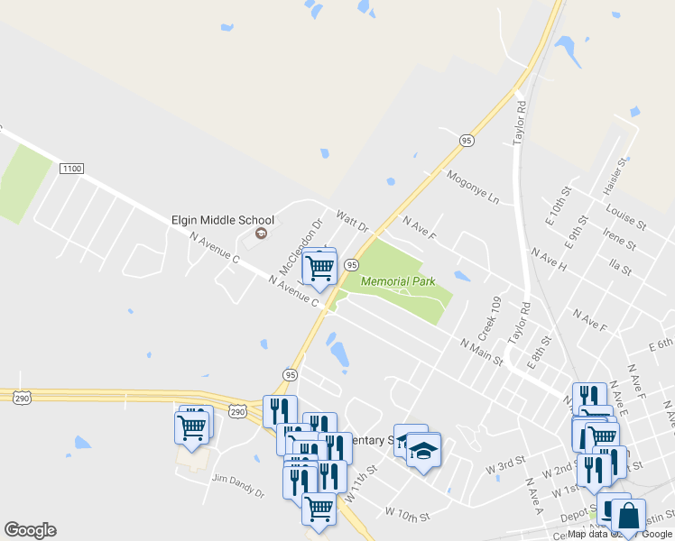 map of restaurants, bars, coffee shops, grocery stores, and more near 103 Stubblefield Drive in Elgin