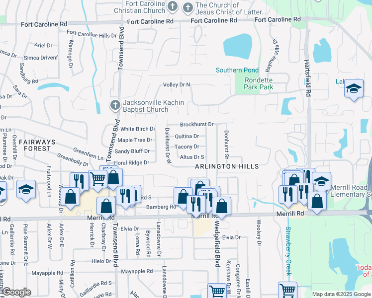 map of restaurants, bars, coffee shops, grocery stores, and more near 7548 Tacony Drive in Jacksonville