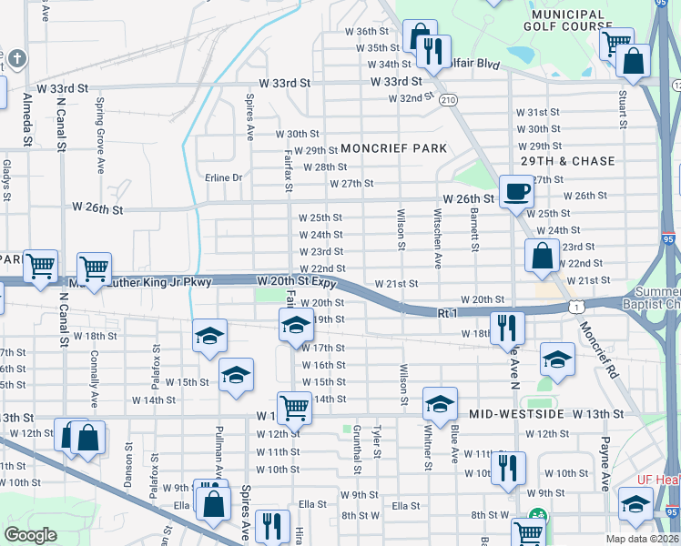 map of restaurants, bars, coffee shops, grocery stores, and more near 1648 West 22nd Street in Jacksonville