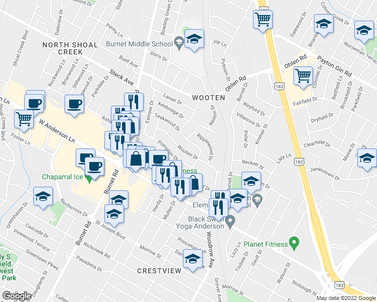 map of restaurants, bars, coffee shops, grocery stores, and more near 1906 Wooten Drive in Austin