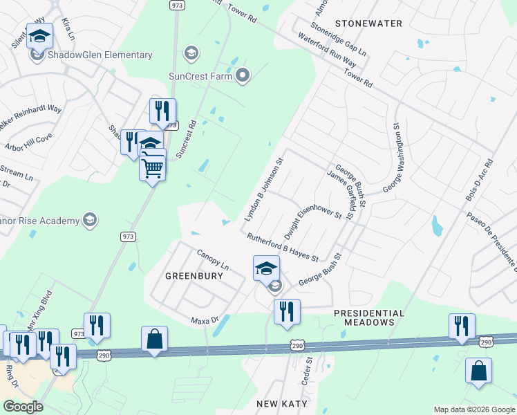 map of restaurants, bars, coffee shops, grocery stores, and more near 13609 Lyndon B Johnson Street in Manor