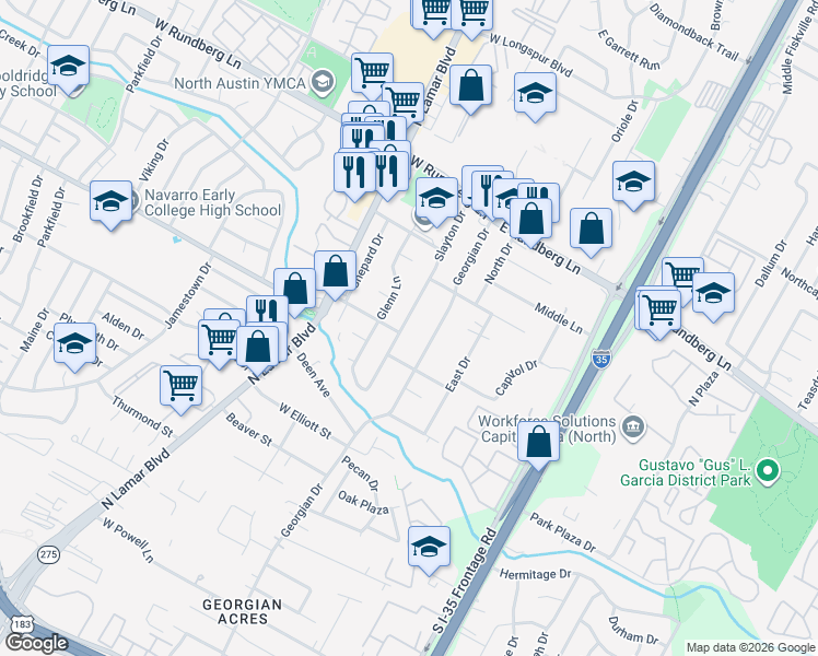 map of restaurants, bars, coffee shops, grocery stores, and more near 8913 Slayton Drive in Austin
