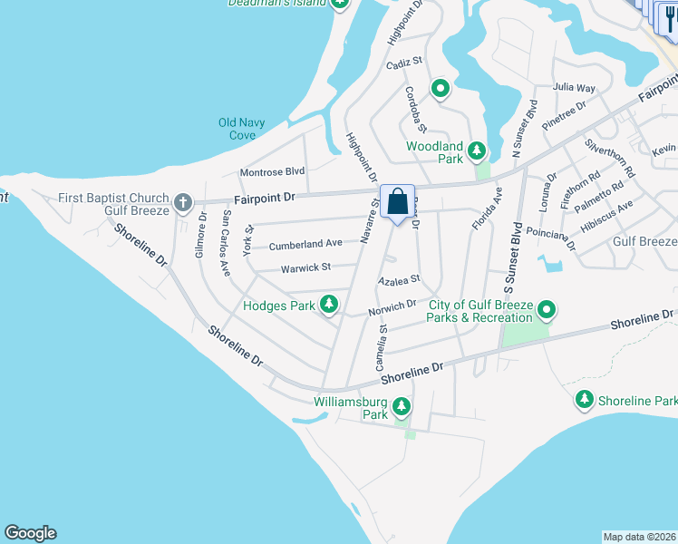 map of restaurants, bars, coffee shops, grocery stores, and more near 411 Warwick Street in Gulf Breeze