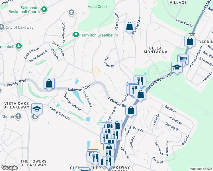 map of restaurants, bars, coffee shops, grocery stores, and more near 1706 Lakeway Boulevard in Lakeway