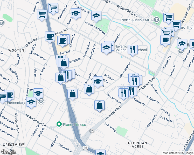 map of restaurants, bars, coffee shops, grocery stores, and more near 1113 Plymouth Drive in Austin