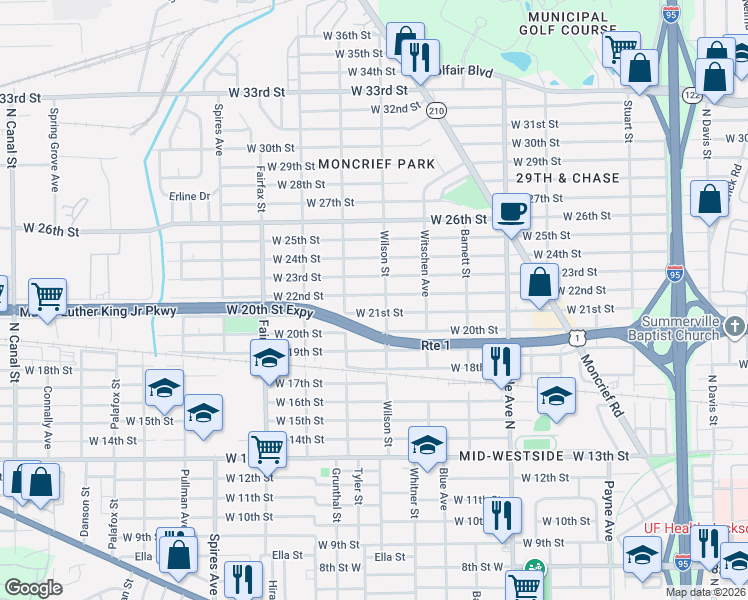 map of restaurants, bars, coffee shops, grocery stores, and more near 1554 West 22nd Street in Jacksonville