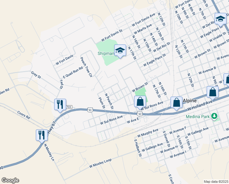 map of restaurants, bars, coffee shops, grocery stores, and more near W Uvalde Ave in Alpine