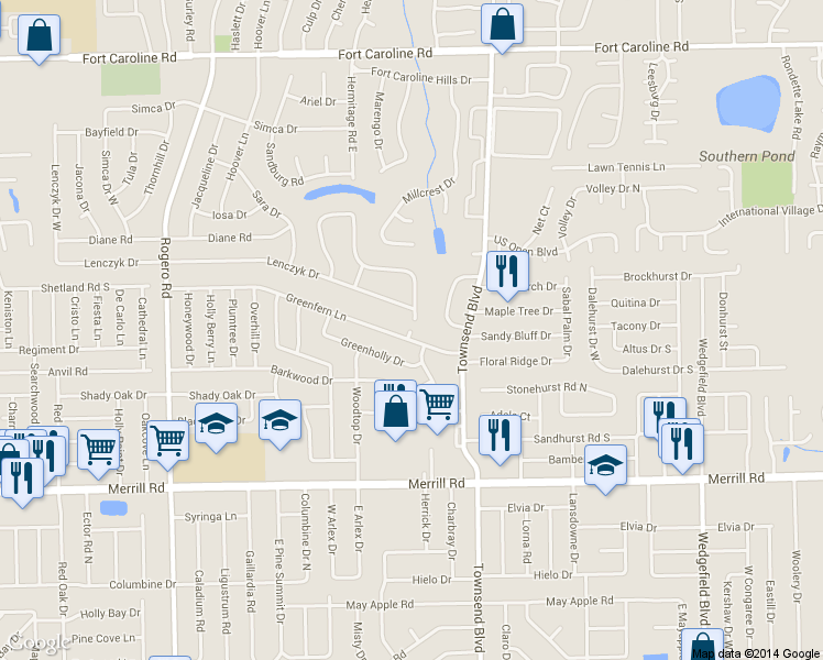 map of restaurants, bars, coffee shops, grocery stores, and more near 3416 Debussy Rd in Jacksonville