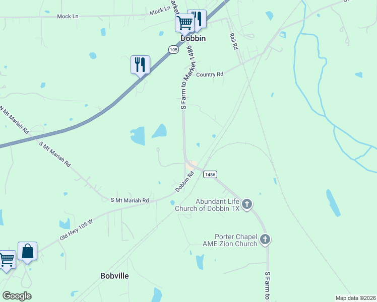 map of restaurants, bars, coffee shops, grocery stores, and more near 655 South Farm to Market 1486 in Montgomery