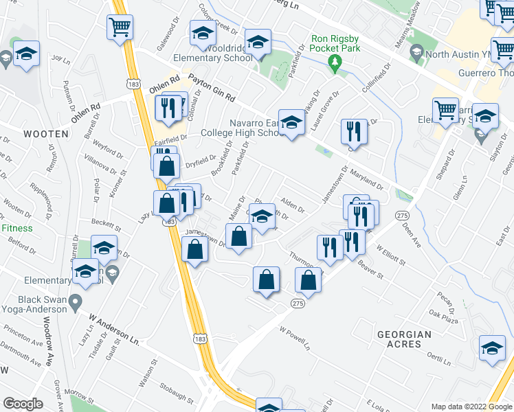 map of restaurants, bars, coffee shops, grocery stores, and more near 1115 Plymouth Drive in Austin