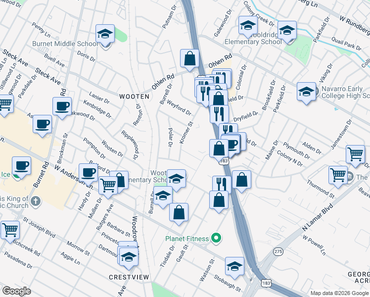 map of restaurants, bars, coffee shops, grocery stores, and more near 1416 Kamar Drive in Austin