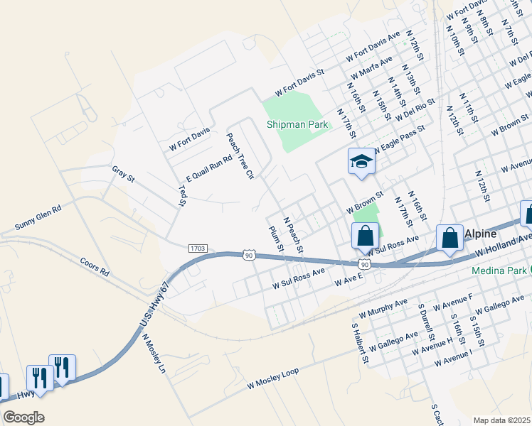 map of restaurants, bars, coffee shops, grocery stores, and more near 1909 West Eagle Pass Street in Alpine