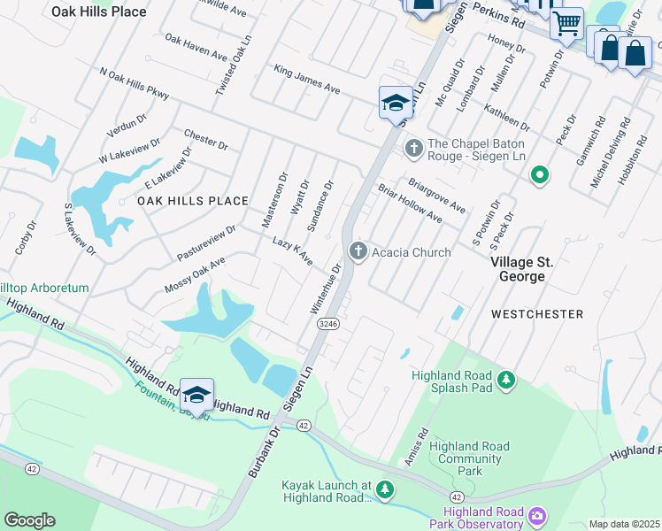 map of restaurants, bars, coffee shops, grocery stores, and more near 10125 Siegen Lane in Baton Rouge