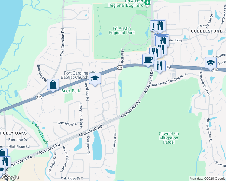 map of restaurants, bars, coffee shops, grocery stores, and more near 11568 Oak Park Drive in Jacksonville