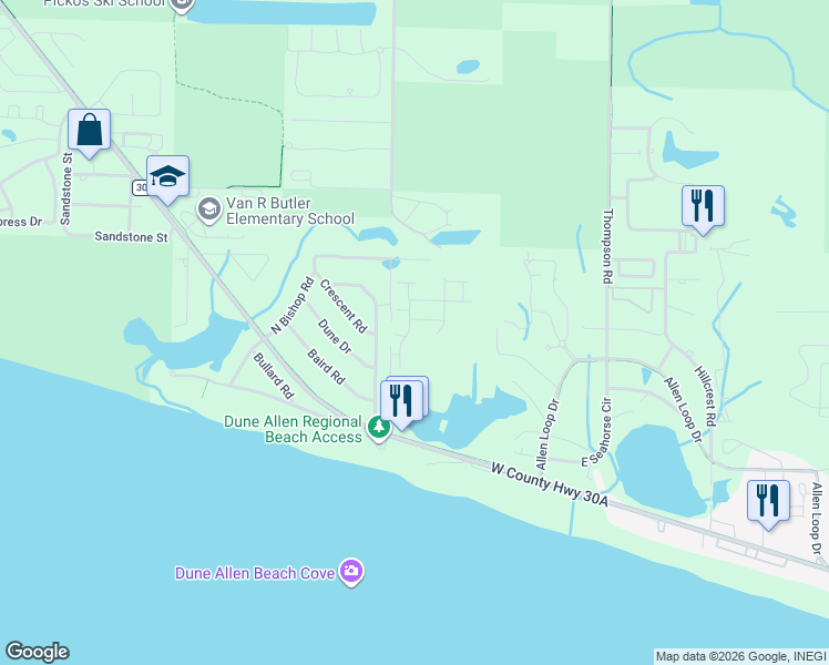 map of restaurants, bars, coffee shops, grocery stores, and more near 10 Old Winston Circle in Santa Rosa Beach