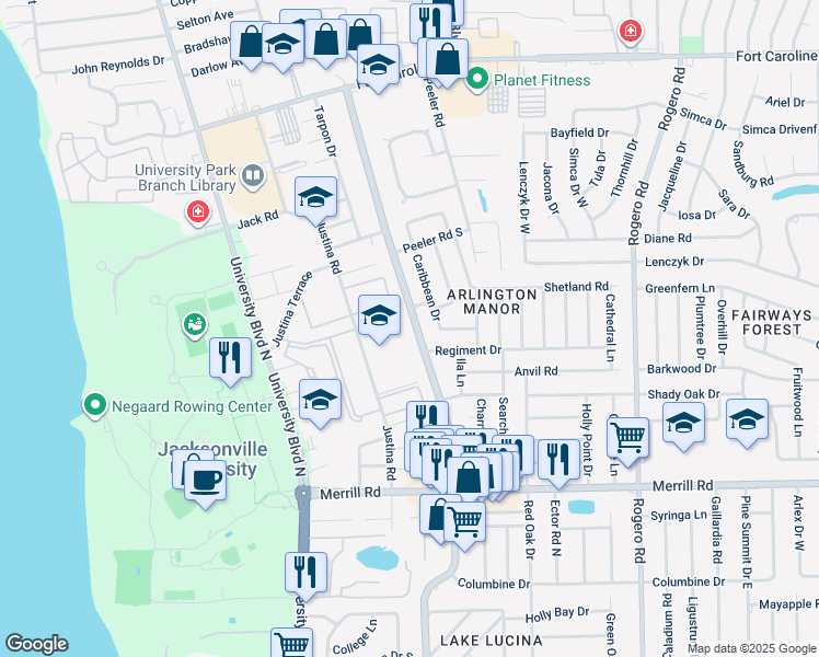 map of restaurants, bars, coffee shops, grocery stores, and more near 3124 Florida 109A in Jacksonville