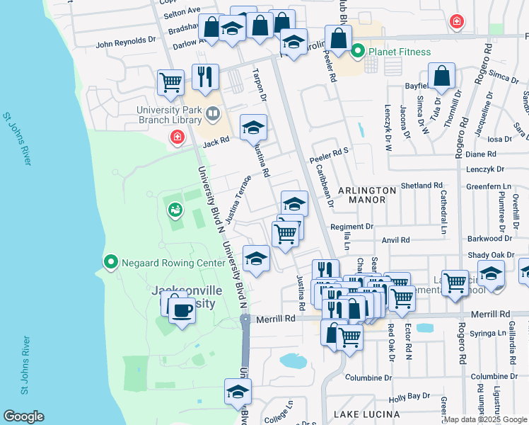 map of restaurants, bars, coffee shops, grocery stores, and more near 5755 Holly Bell Drive in Jacksonville