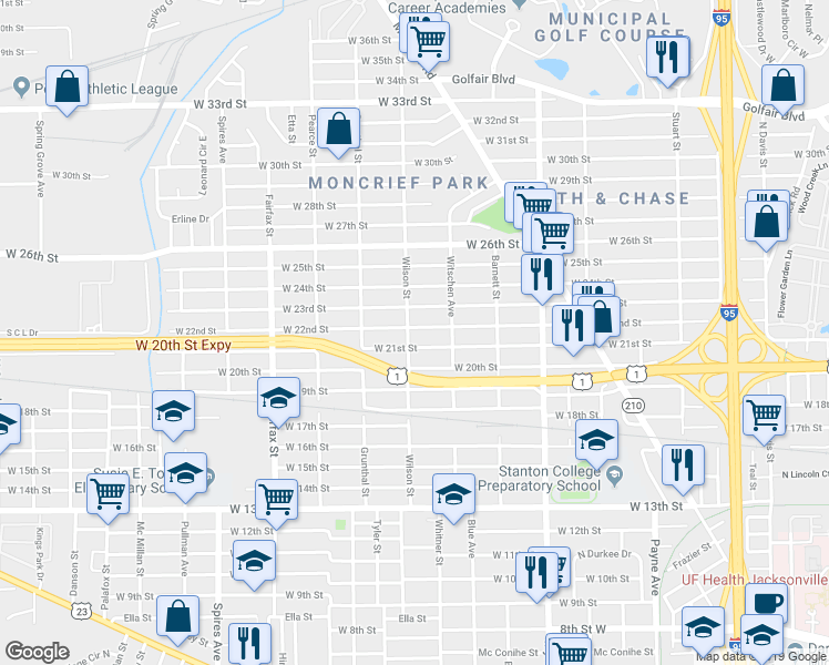 map of restaurants, bars, coffee shops, grocery stores, and more near 1533 West 21st Street in Jacksonville