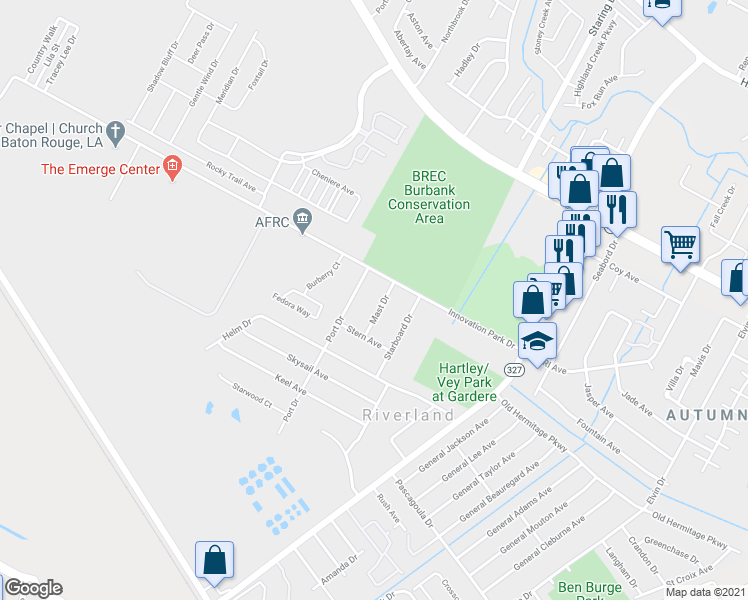 map of restaurants, bars, coffee shops, grocery stores, and more near 1717 Port Drive in Baton Rouge