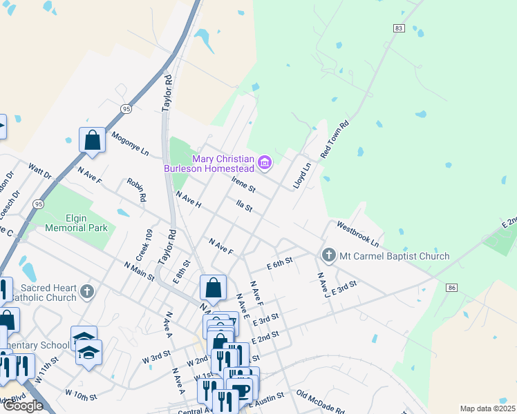 map of restaurants, bars, coffee shops, grocery stores, and more near 109 Ila Street in Elgin