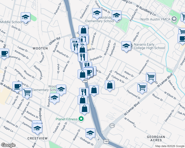 map of restaurants, bars, coffee shops, grocery stores, and more near 1405 Clearfield Drive in Austin