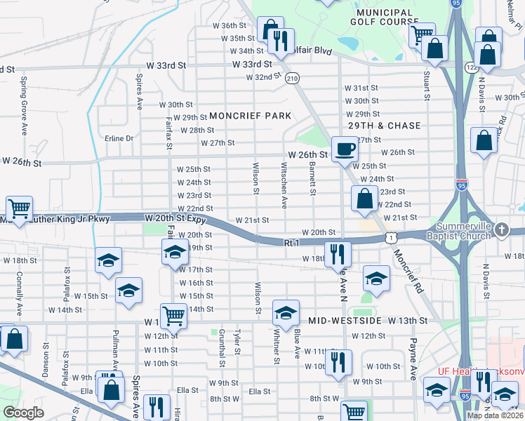 map of restaurants, bars, coffee shops, grocery stores, and more near 1522 West 22nd Street in Jacksonville