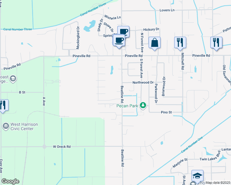 map of restaurants, bars, coffee shops, grocery stores, and more near 5043 Beatline Road in Long Beach