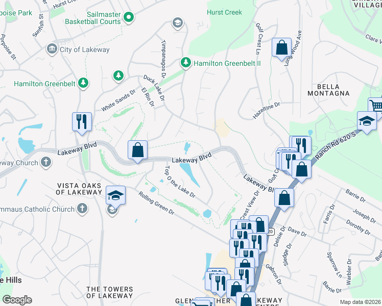 map of restaurants, bars, coffee shops, grocery stores, and more near 1818 Lakeway Boulevard in Lakeway