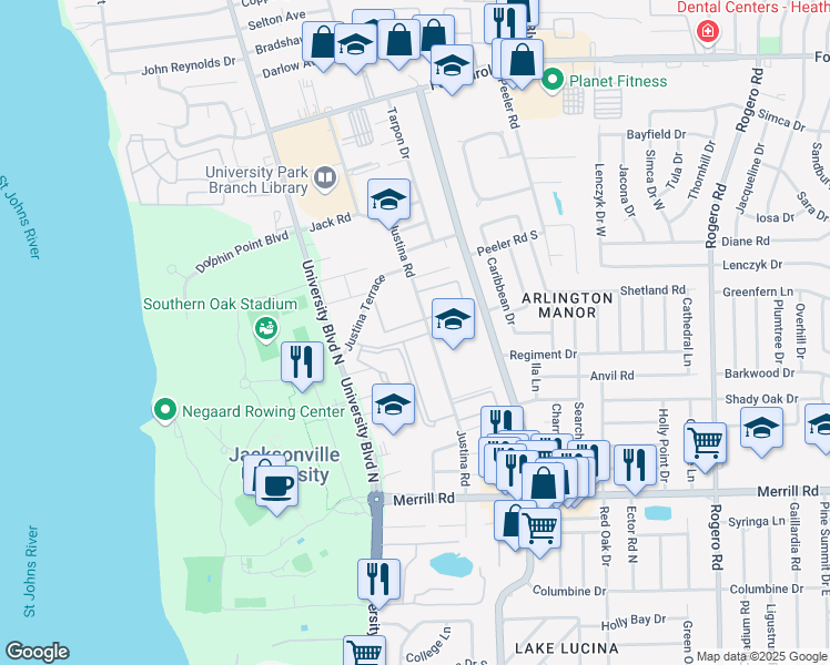 map of restaurants, bars, coffee shops, grocery stores, and more near 5753 Holly Bell Drive in Jacksonville