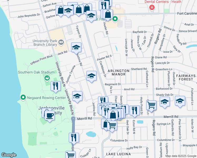 map of restaurants, bars, coffee shops, grocery stores, and more near 3124 Florida 109A in Jacksonville