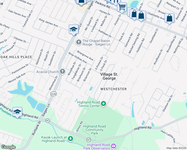 map of restaurants, bars, coffee shops, grocery stores, and more near 13489 N Amiss Rd in Baton Rouge