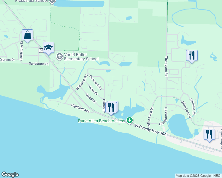 map of restaurants, bars, coffee shops, grocery stores, and more near 19 Clear Lane in Santa Rosa Beach