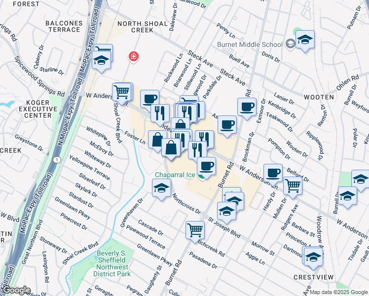 map of restaurants, bars, coffee shops, grocery stores, and more near 7865 Northcross Drive in Austin