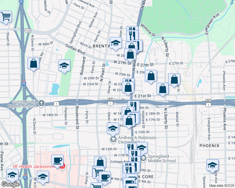 map of restaurants, bars, coffee shops, grocery stores, and more near 98 West 21st Street in Jacksonville