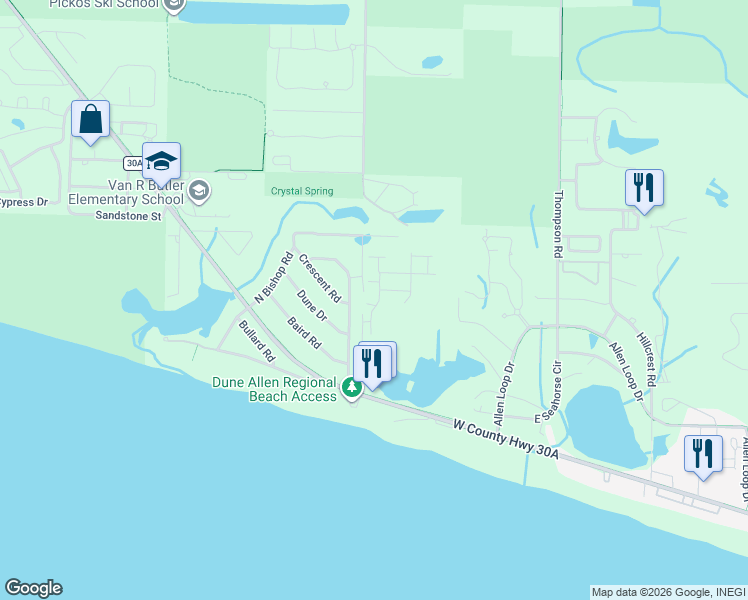 map of restaurants, bars, coffee shops, grocery stores, and more near 19 Clear Lane in Santa Rosa Beach