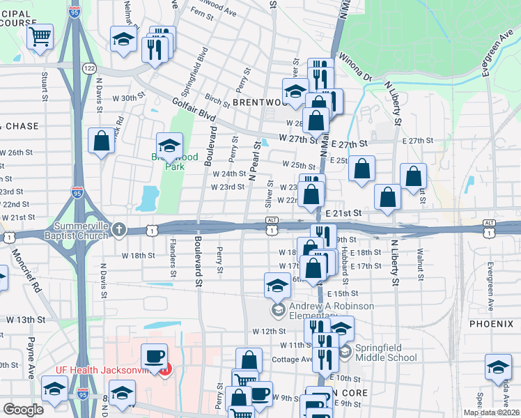 map of restaurants, bars, coffee shops, grocery stores, and more near 3021 Silver Street in Jacksonville