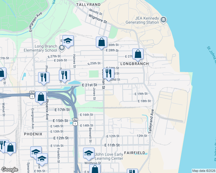 map of restaurants, bars, coffee shops, grocery stores, and more near 3004 Thelma Street in Jacksonville