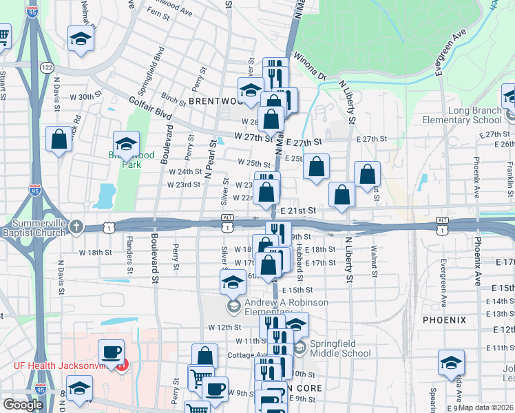 map of restaurants, bars, coffee shops, grocery stores, and more near 100 West 21st Street in Jacksonville