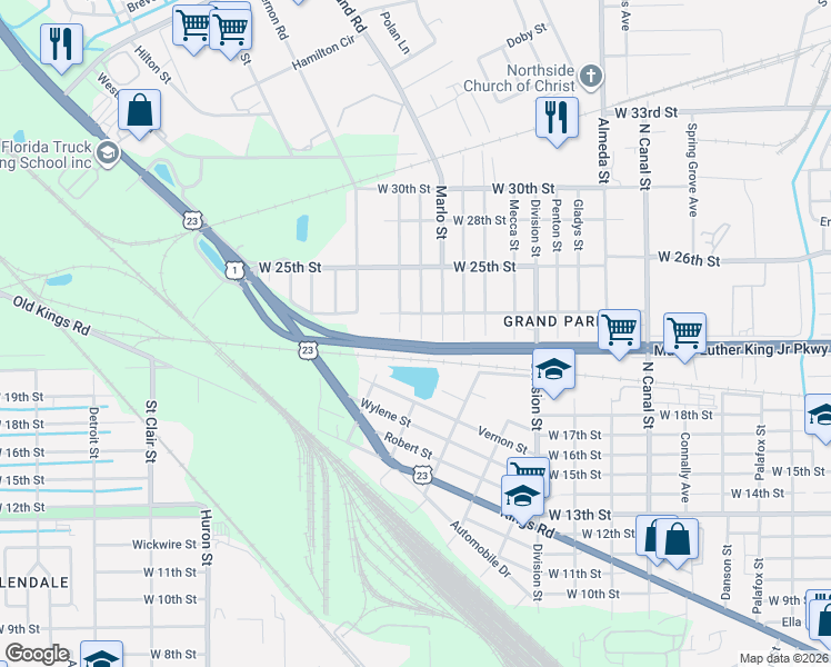 map of restaurants, bars, coffee shops, grocery stores, and more near 3123 Dawson Street in Jacksonville