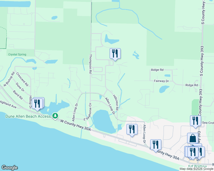 map of restaurants, bars, coffee shops, grocery stores, and more near 55 Golf Club Drive in Santa Rosa Beach
